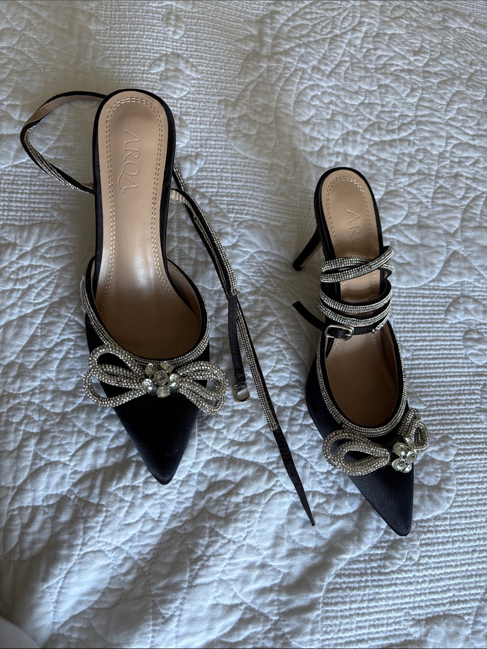 Amazon Black Crystal Bow Pointed-Toe Slingback Heels